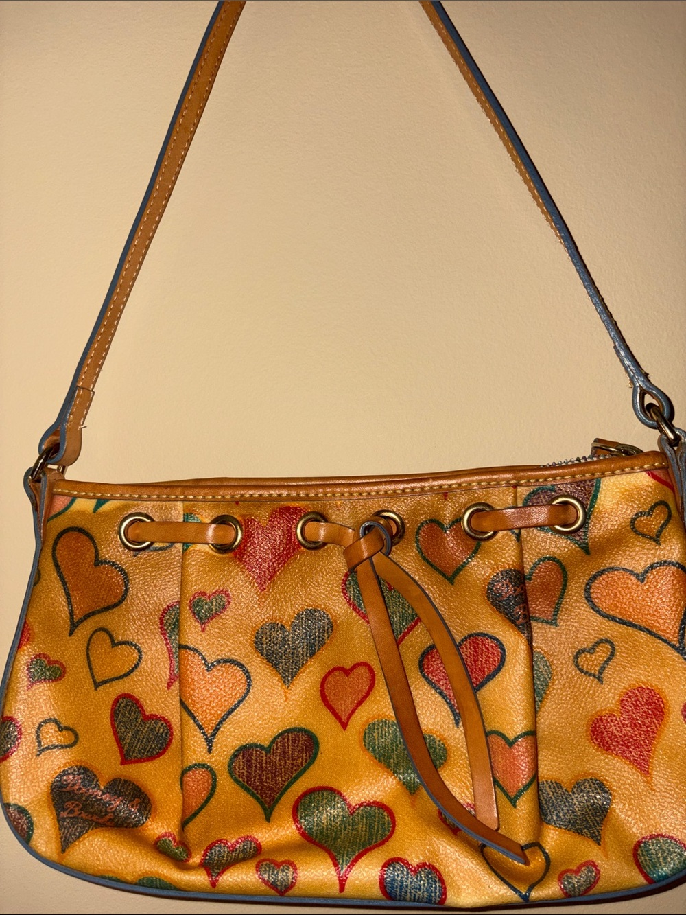 Dooney & Bourke Multicolor Heart Print Tan Leather Shoulder Bag